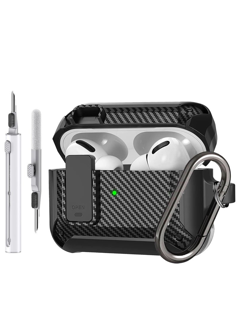 Carbon grain surface Cover Case Compatible With Airpods Pro 2 Lock Clip with cleaning tools,Protective anti-fall Skin--Black  - Image 1