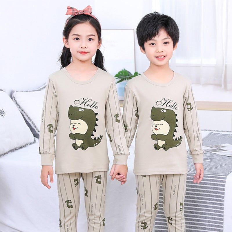 2023 new childrens clothing autumn and winter cotton underwear set boys and girls close-fitting underwear home clothing A autumn pants Grey Dinosaur (Set) 