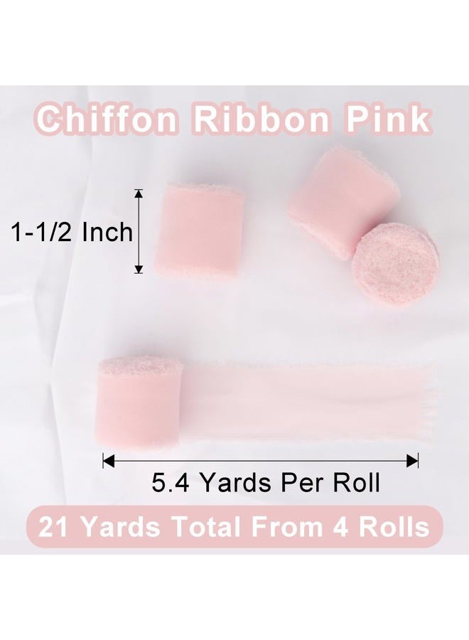Dulinkas 4 Rolls Chiffon Silk Ribbon Frayed Edge Chiffon Ribbon 1-1/2 Inch Wide 21 Yards Long Handmade Fringe Silk Chiffon Ribbon for Crafts Weddings and Home Decor Pink #22 - Image 2