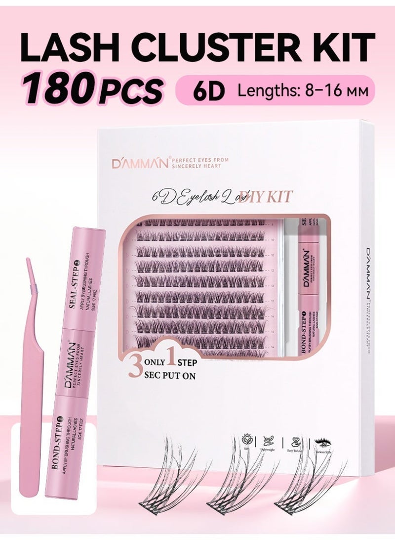 D'AMMA'N 180PCS 6D Cluster False Eyelashes, DIY Individual Lash Extension Kit, D Curl, Mixed Lengths 8-16mm, Bond & Seal Glue, Tweezers & Applicator, Natural Fluffy Wispy Look, Beginner Friendly, Easy to Apply at Home - Image 1