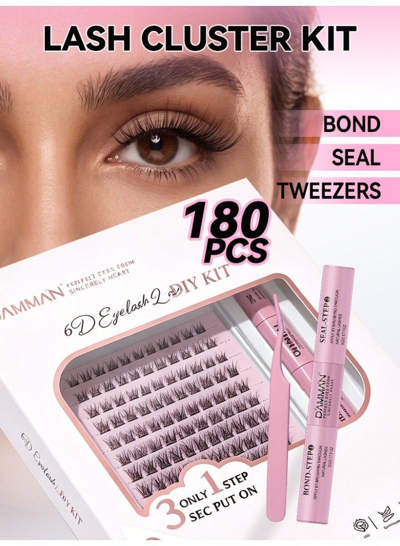 D'AMMA'N 180PCS 6D Cluster False Eyelashes, DIY Individual Lash Extension Kit, D Curl, Mixed Lengths 8-16mm, Bond & Seal Glue, Tweezers & Applicator, Natural Fluffy Wispy Look, Beginner Friendly, Easy to Apply at Home - Image 2