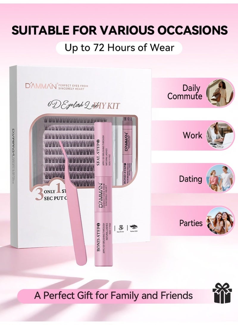 D'AMMA'N 180PCS 6D Cluster False Eyelashes, DIY Individual Lash Extension Kit, D Curl, Mixed Lengths 8-16mm, Bond & Seal Glue, Tweezers & Applicator, Natural Fluffy Wispy Look, Beginner Friendly, Easy to Apply at Home - Image 3