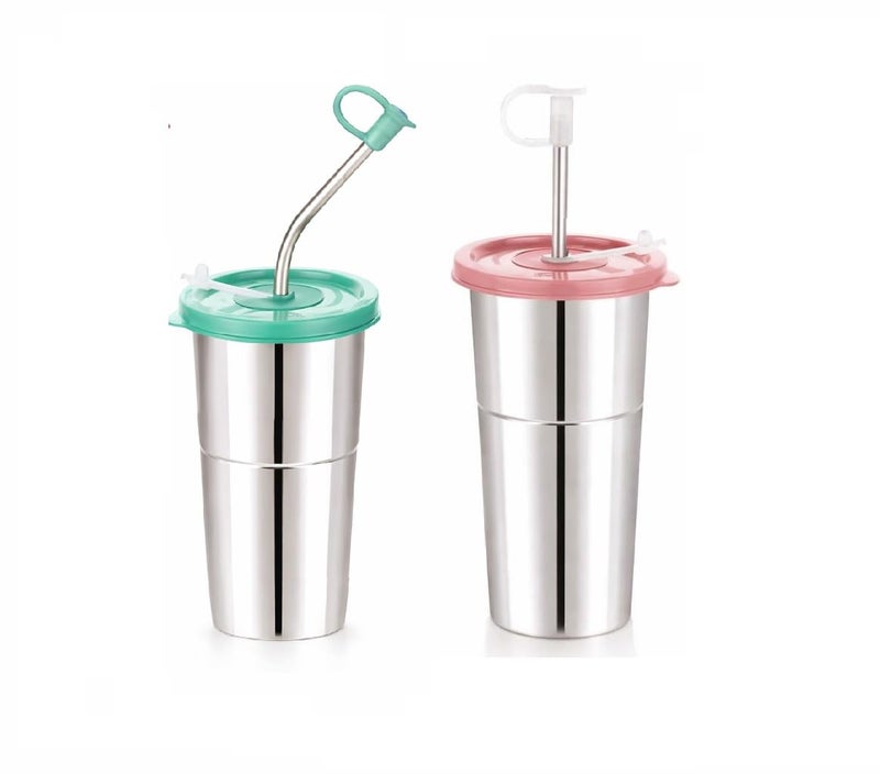 LIPSA ENTERPRISE Stainless Steel Fusion Glass Tumbler with Stainless Steel Metal Straws and Cleaning Brush with Lid (LD SIP 400+600ML) - Image 1