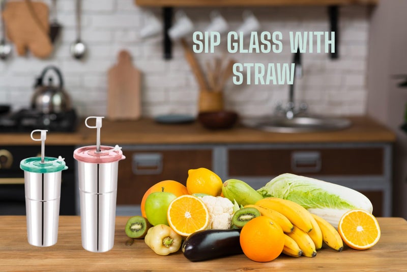 LIPSA ENTERPRISE Stainless Steel Fusion Glass Tumbler with Stainless Steel Metal Straws and Cleaning Brush with Lid (LD SIP 400+600ML) - Image 4