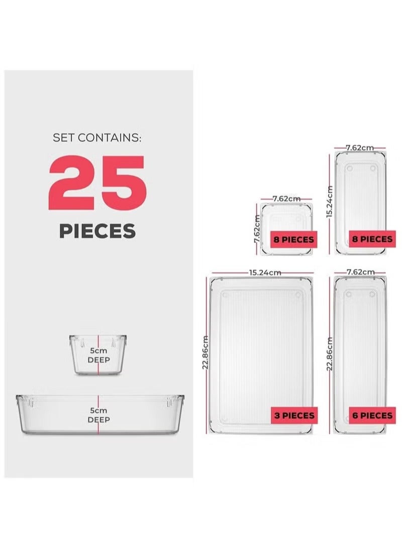 Toshionics صينية تنظيم الأدراج البلاستيكية الشفافة 25 قطعة، فواصل الأدراج لتخزين الحمام، ومكياج، وأدوات المطبخ، حاويات بلاستيكية صغيرة وكبيرة للمكياج، المطبخ والأدوات. - Image 2