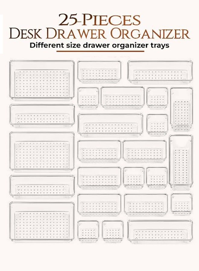 Toshionics صينية تنظيم الأدراج البلاستيكية الشفافة 25 قطعة، فواصل الأدراج لتخزين الحمام، ومكياج، وأدوات المطبخ، حاويات بلاستيكية صغيرة وكبيرة للمكياج، المطبخ والأدوات. - Image 1