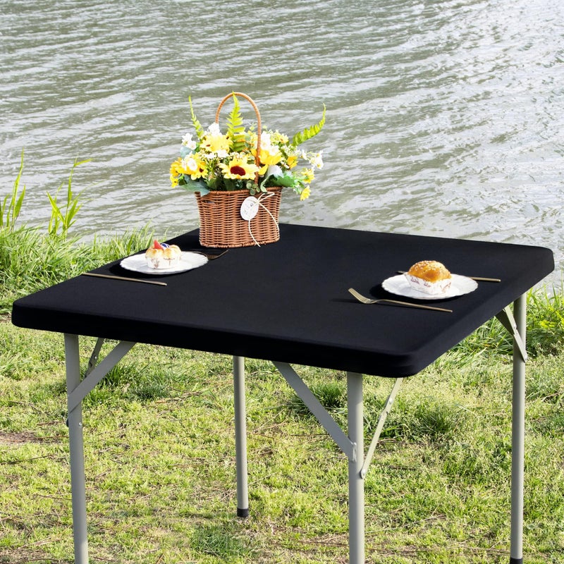 Nacuci Square Fitted Table Cover Elastic Tablecloth Stretch Spandex Tables Top Cover Table Topper Cap for Dining Kitchen Home Party Black 34X34 Inch
