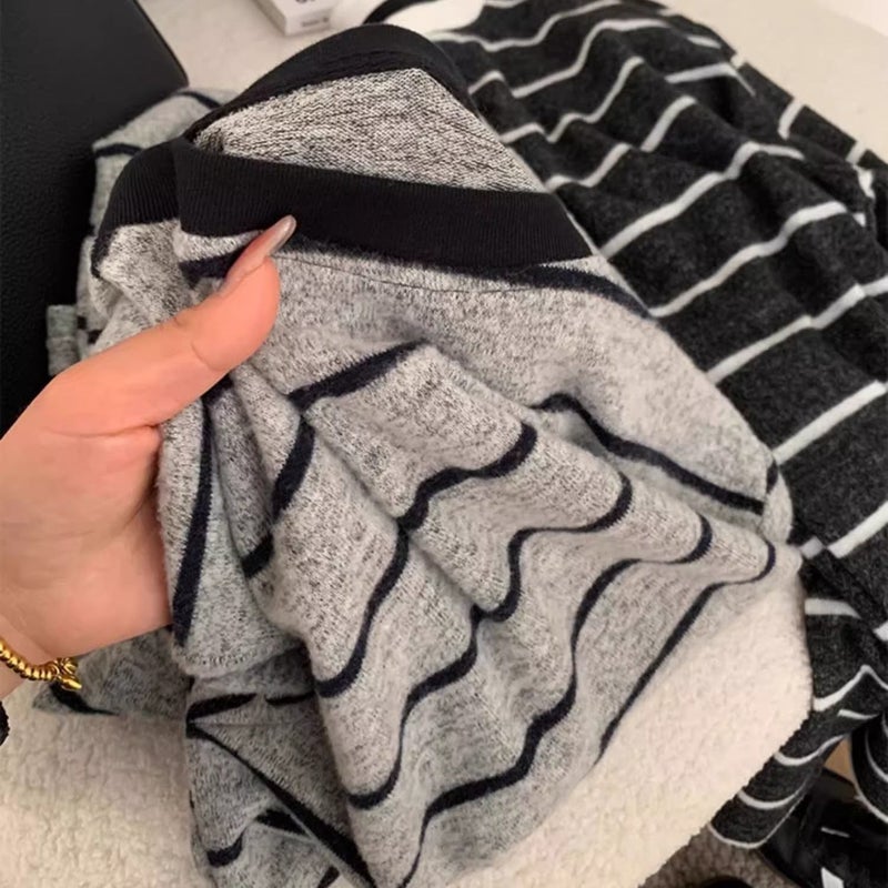 Korean-Style Loose Soft Sanding Striped Casual Long-Sleeve All-Match T-Shirt Loose Round Neck Bottoming Lazy Top - Image 4