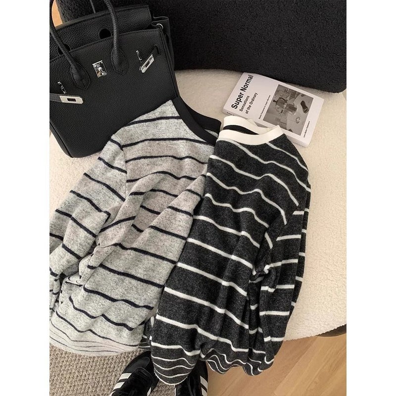 Korean-Style Loose Soft Sanding Striped Casual Long-Sleeve All-Match T-Shirt Loose Round Neck Bottoming Lazy Top - Image 2