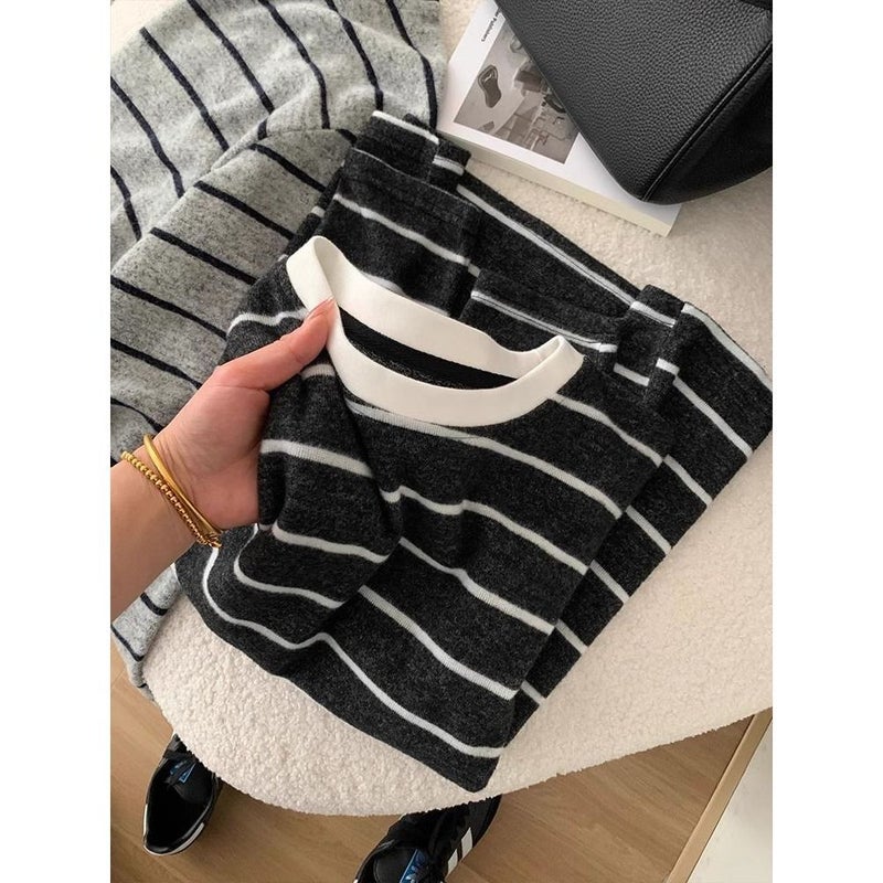 Korean-Style Loose Soft Sanding Striped Casual Long-Sleeve All-Match T-Shirt Loose Round Neck Bottoming Lazy Top - Image 5