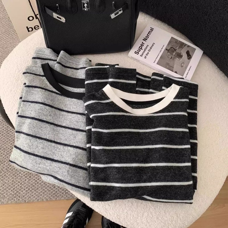 Korean-Style Loose Soft Sanding Striped Casual Long-Sleeve All-Match T-Shirt Loose Round Neck Bottoming Lazy Top - Image 3