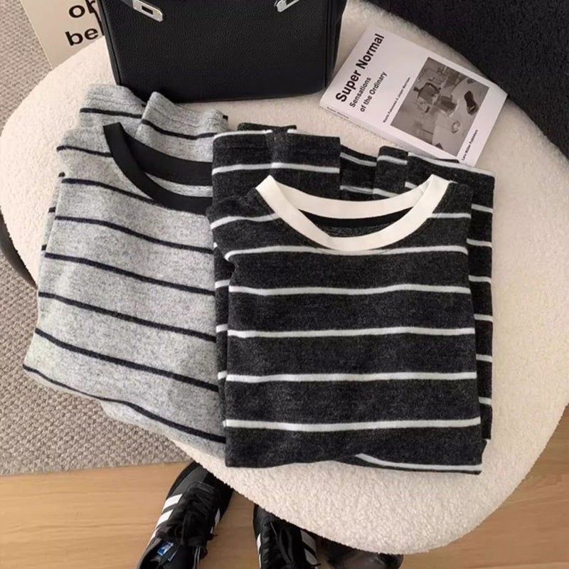 Korean-Style Loose Soft Sanding Striped Casual Long-Sleeve All-Match T-Shirt Loose Round Neck Bottoming Lazy Top - Image 1