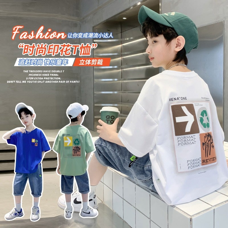 Boys' Summer Short-Sleeved T-Shirt 2026 New Style For Big Boys, Pure Cotton Half-Sleeve Summer Stylish Top Trendy T-Shirt - Image 3