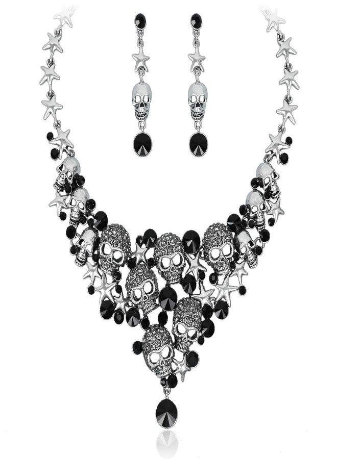 CSY Exaggerated Vintage Skull Jewelry Sets Rhinestones Necklace Earrings Stars Skeleton Halloween Party Costume Accessories for Women (Black) - Image 1