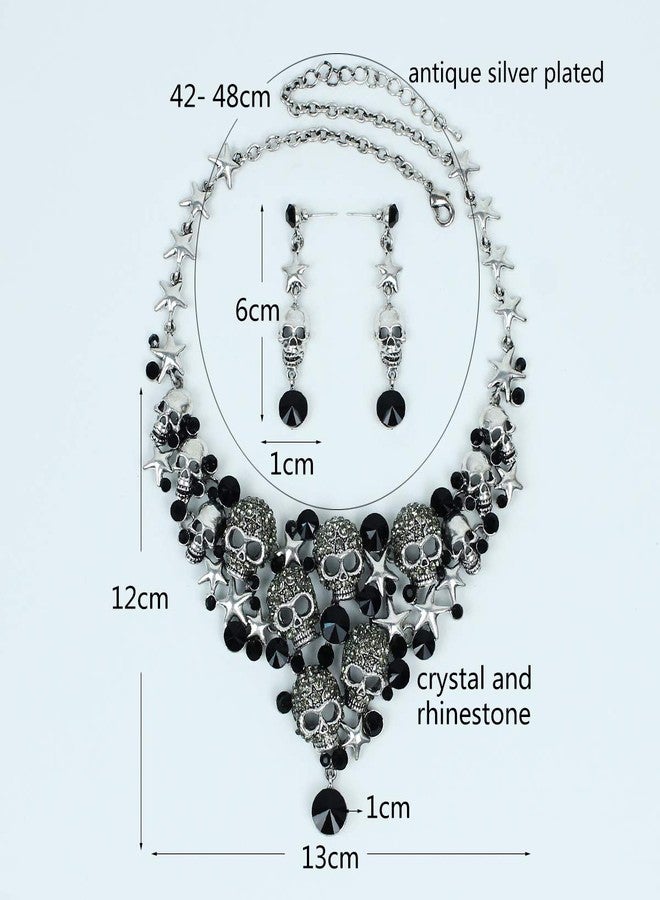 CSY Exaggerated Vintage Skull Jewelry Sets Rhinestones Necklace Earrings Stars Skeleton Halloween Party Costume Accessories for Women (Black) - Image 2