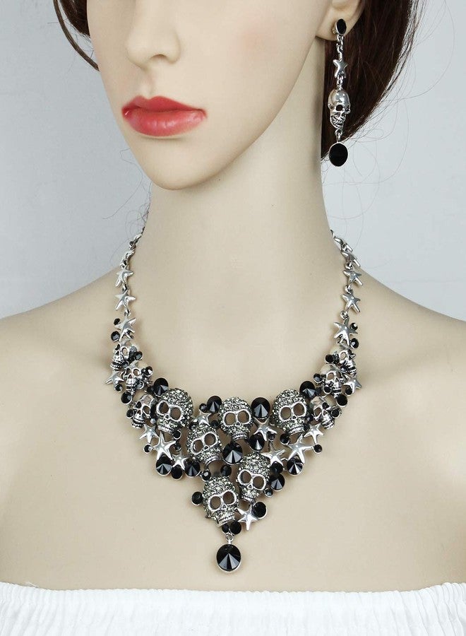 CSY Exaggerated Vintage Skull Jewelry Sets Rhinestones Necklace Earrings Stars Skeleton Halloween Party Costume Accessories for Women (Black) - Image 3