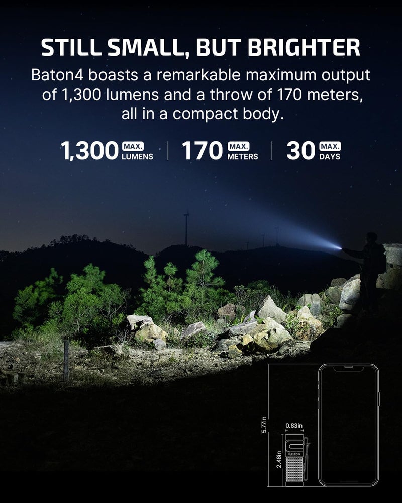 OLIGHT Baton4 Rechargeable EDC Flashlight, LED Pocket Light 1300 Lumens with Magnetic Charging Cable, 6 Modes, IPX8 Waterproof for Home, Camping and Emergency (Fighter Pilot) - Image 3