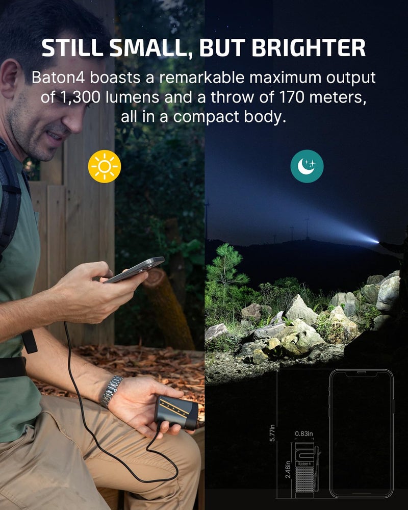 OLIGHT Baton4 Rechargeable EDC Flashlight, LED Pocket Light 1300 Lumens with Magnetic Charging Cable, 6 Modes, IPX8 Waterproof for Home, Camping and Emergency (Fighter Pilot) - Image 4