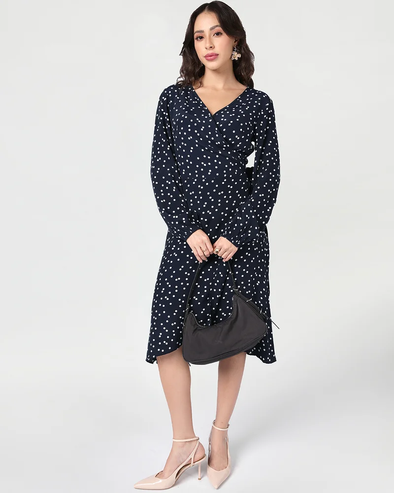 بيواكوف Women's Navy Blue All Over Printed Flared Midi Dress