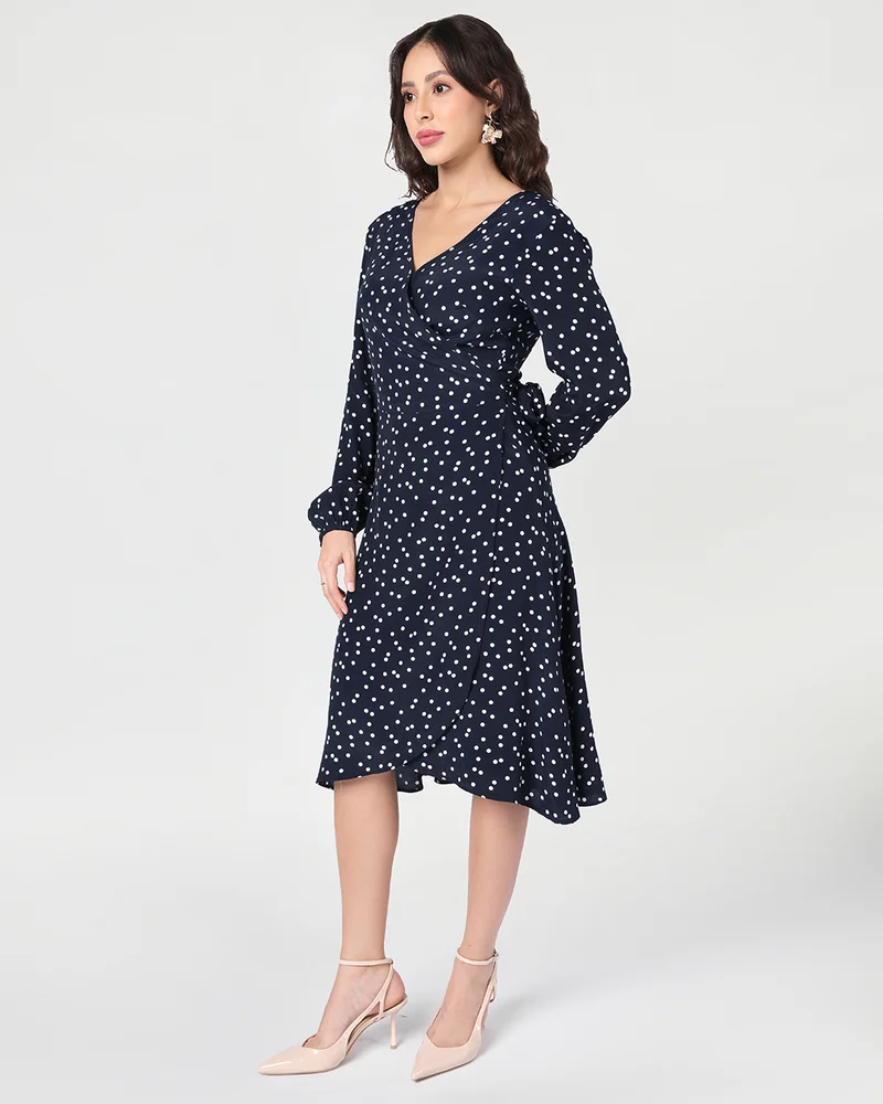 بيواكوف Women's Navy Blue All Over Printed Flared Midi Dress