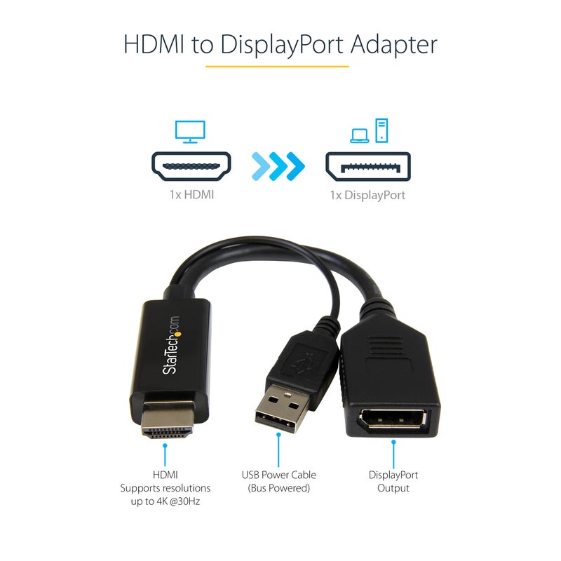 StarTech.com 4K 30Hz HDMI to DisplayPort Video Adapter w/ USB Power - 6 in - HDMI 1.4 (Male) to DP 1.2 (Female) Active Monitor Converter (HD2DP), Black - Image 2