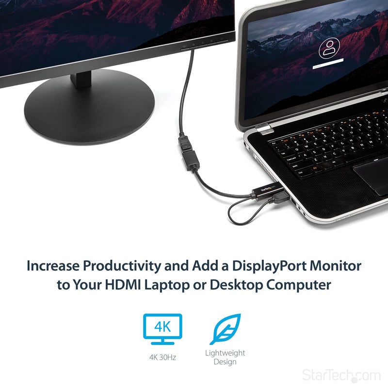 StarTech.com 4K 30Hz HDMI to DisplayPort Video Adapter w/ USB Power - 6 in - HDMI 1.4 (Male) to DP 1.2 (Female) Active Monitor Converter (HD2DP), Black - Image 3