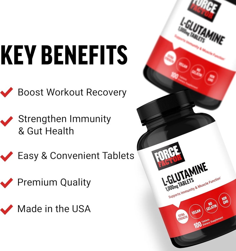 FORCE FACTOR LGlutamine 1000mg Tablets Glutamine for Muscle Recovery Healthy Muscle Function and Immunity Vegan NonGMO 100 Tablets - Image 2