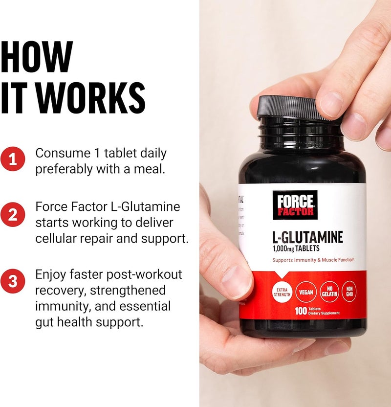 FORCE FACTOR LGlutamine 1000mg Tablets Glutamine for Muscle Recovery Healthy Muscle Function and Immunity Vegan NonGMO 100 Tablets - Image 4