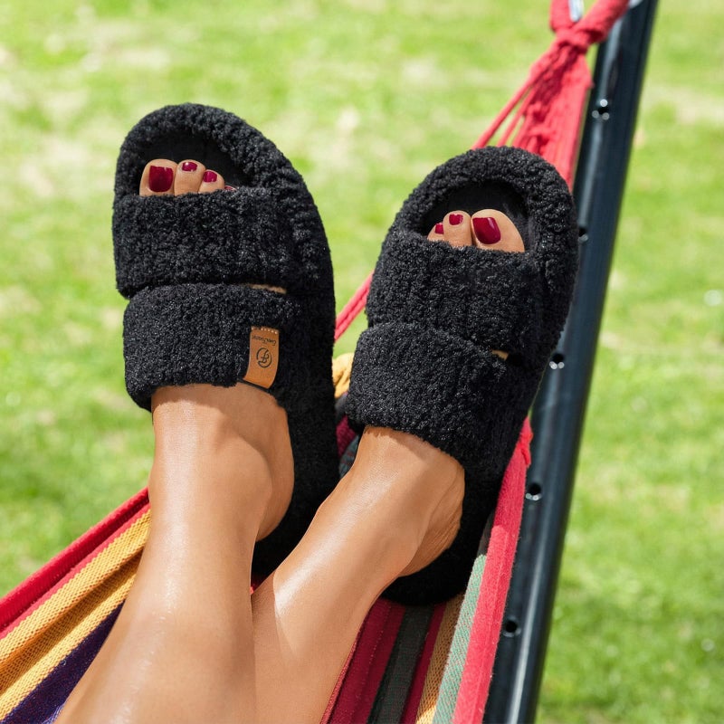 EverFoams Womens Fuzzy Open-toe Slippers Soft Comfy Memory Foam Indoor House Shoes Matt Black,5-6 US - Image 2