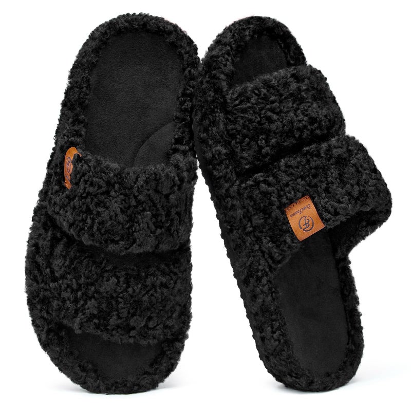 EverFoams Womens Fuzzy Open-toe Slippers Soft Comfy Memory Foam Indoor House Shoes Matt Black,5-6 US - Image 1