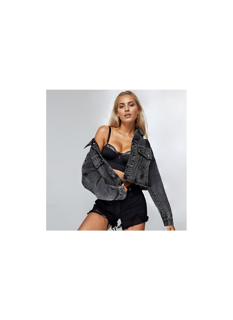 Loquat Squality Leisure Tassels Denim Short Jacket Women Black  - Image 1