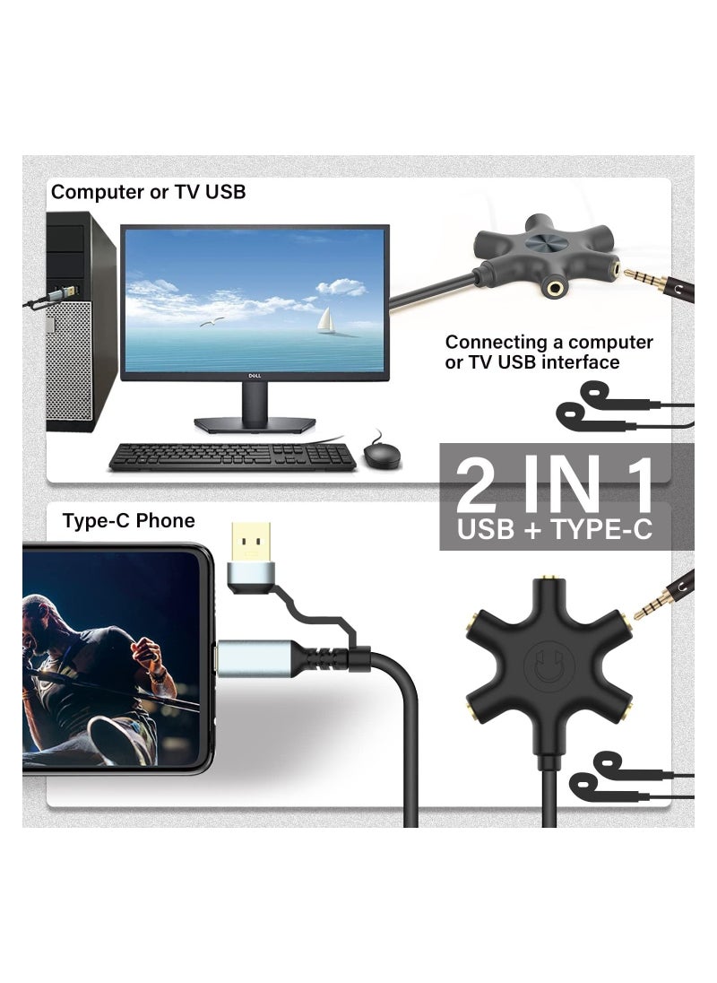 SYOSI - USB A/C To Headphone Splitter, 1 Pack 5-Jack 3.5 Mm Audio Headphone Splitter, Stereo Audio Headset Adapter, Audio Earbuds Earphones Plug 5 Way 1 Male To 4 Female Splitter, with 3.5mm Stereo Cable - Image 1