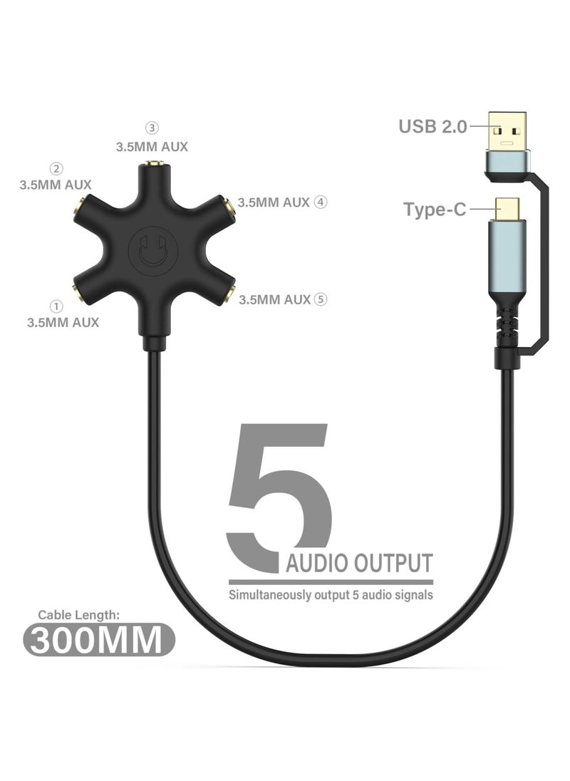 SYOSI - USB A/C To Headphone Splitter, 1 Pack 5-Jack 3.5 Mm Audio Headphone Splitter, Stereo Audio Headset Adapter, Audio Earbuds Earphones Plug 5 Way 1 Male To 4 Female Splitter, with 3.5mm Stereo Cable - Image 1