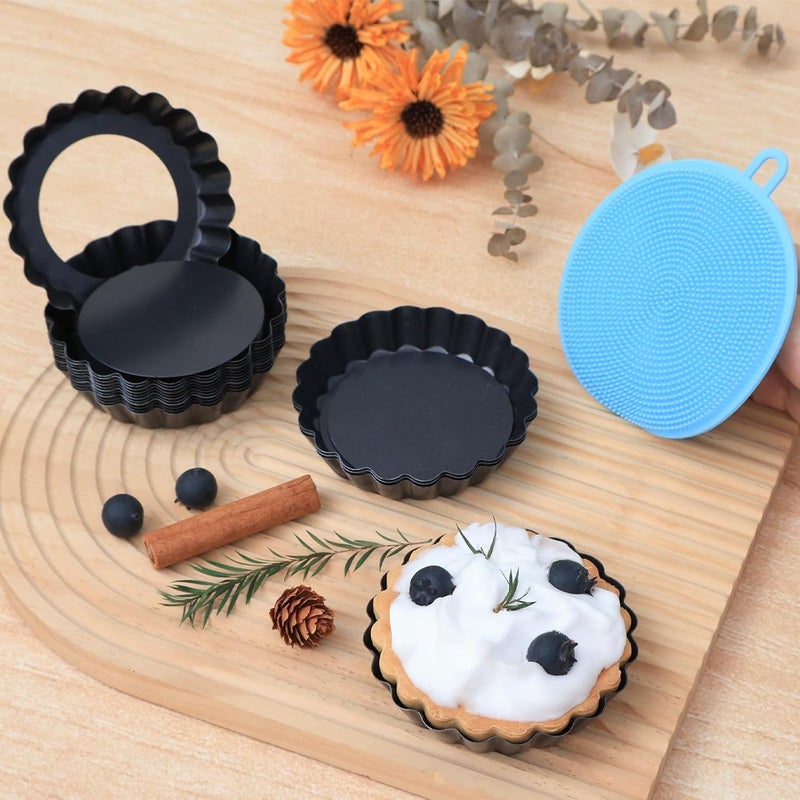 Vnray قوالب تارت صغيرة بقاعدة قابلة للإزالة: مجموعة من 16 قالب تارت مقعر الحواف، قطر كل قالب 4 بوصات، مصنوعة من فولاذ الكربون عالي الجودة، سهلة الاستخدام والتنظيف، مناسبة لخبز الفطائر، الفاكهة، البيض، والكعكات، مثالية للخبازين المبتدئين. - Image 1