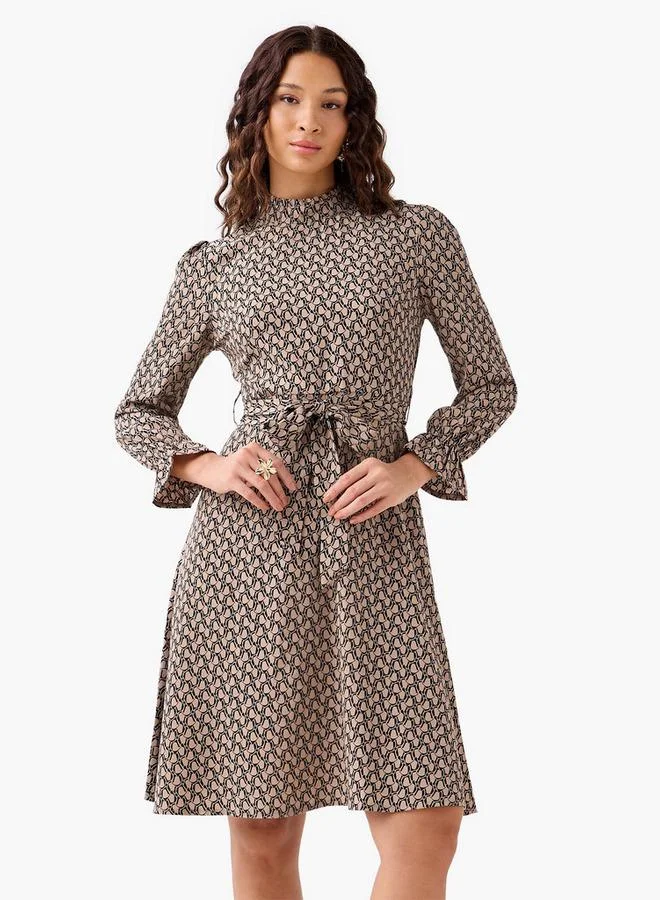 Splash FAV Abstract Print Mini Dress with High Neck and Tie-Up Belt
