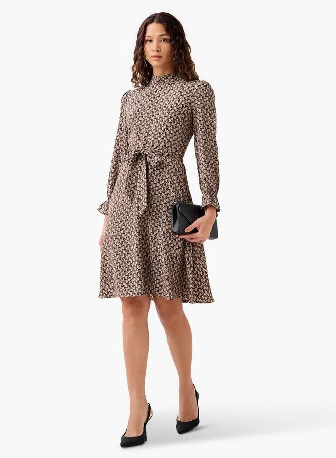 Splash FAV Abstract Print Mini Dress with High Neck and Tie-Up Belt
