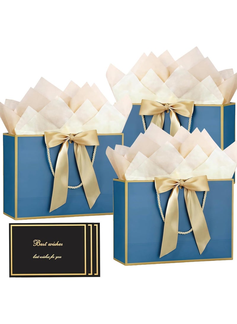 3 Pcs Gift Bags with Handles, Medium Paper Present Bags, Includes 6 Tissue Paper and 3 Greeting Cards for Kids Adult Men Women's Birthday, Wedding, Valentines, Bridesmaid Party - Image 1