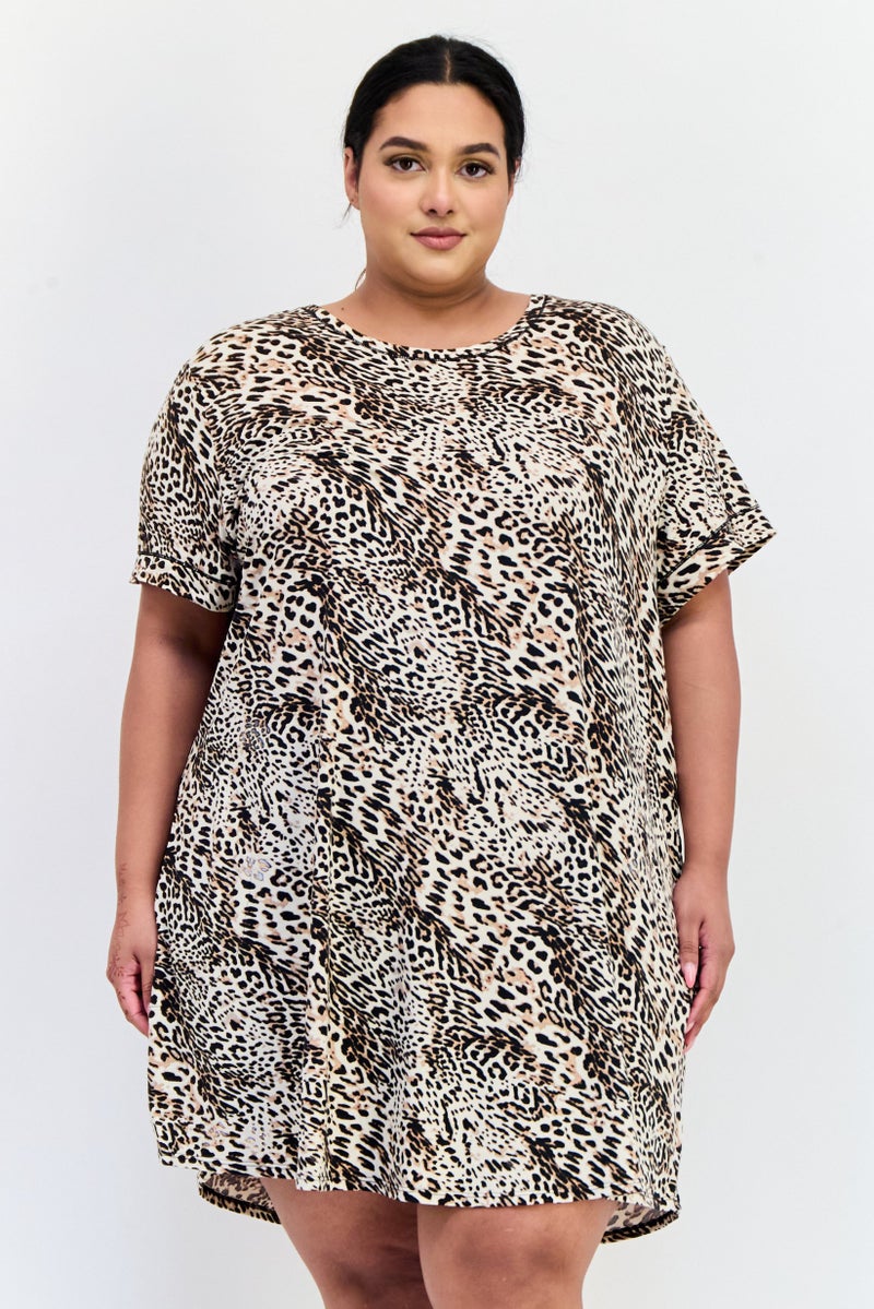 ANNE KLEIN Women Plus Size Animal Print Short Sleeve Sleepwear Dress, Multicolor - Image 1