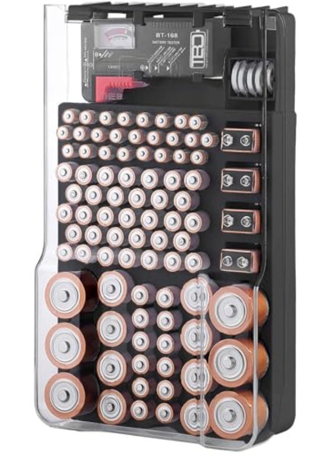 منظم واختبار البطاريات مع غطاء، منظم تخزين البطاريات وحقيبة، holds 93 بطارية بمقاسات مختلفة، يتضمن اختبار بطارية قابل للإزالة، حامل بطارية لتنظيم المرآب، أبيض