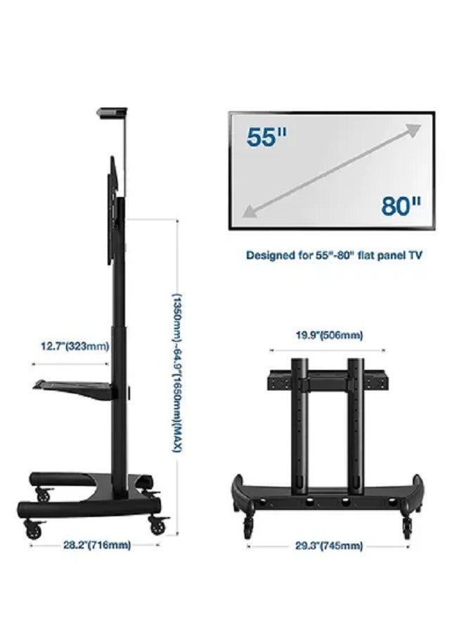 TV Cart Rolling TV Stand with Lockable Wheels for 55 to 80 Inch Plasma LCD LED Flat or Curved Screen TVs up to 100lbs - Height Adjustable (55-80 inch) Black  - Image 2