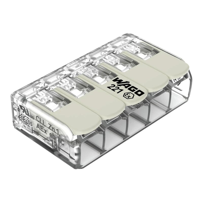 Wago 221-685 | 221 Series Lever-Nuts® for Hazardous Locations | 5-Conductor Splicing Connector | 20 – 10 AWG | Transparent housing, White Operating levers | [Box of 15 Pieces] - Image 1