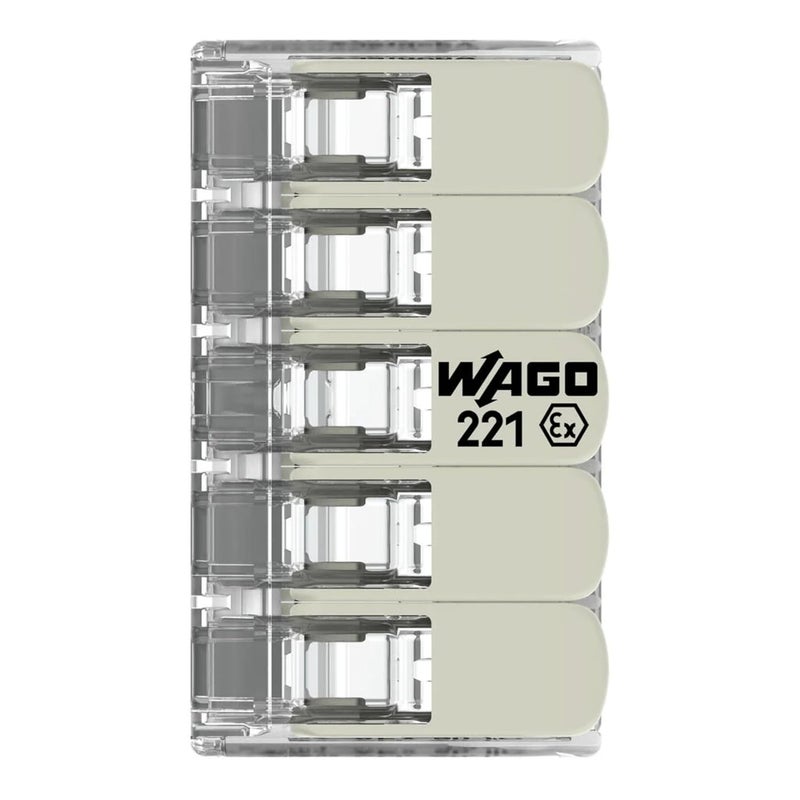 Wago 221-685 | 221 Series Lever-Nuts® for Hazardous Locations | 5-Conductor Splicing Connector | 20 – 10 AWG | Transparent housing, White Operating levers | [Box of 15 Pieces] - Image 2