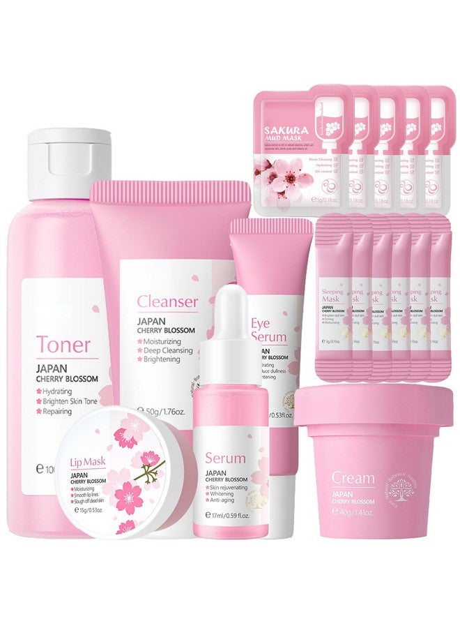 Rosarden Sakura Face Care Set For Women 17Pcs Moisturizing Skin Care Set Include Sakura Cream Cleanser Serum Toner Eye Cream Lip Mask Mud Mask Sleeping Mask Skin Care Routine For Daily Beauty Care - Image 1