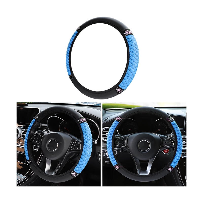 Bling Soft Leather Steering Wheel Cover, 15 Inch Colorful Rhinestones Auto Elastic Steering Wheel Protector, Sparkly Crystal Diamond for Women Girls, Car Interior Accessories for Most Cars (Blue)