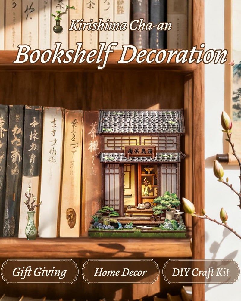 CUTEBEE Book Nook Kit - DIY Miniature House Japanese Tea House, Dollhouse Kit for Adults and Teens, Tiny House Bookshelf Decor 3D Wooden Puzzle, Gifts for Family, Friends(Kirishima Cha-an) - Image 2