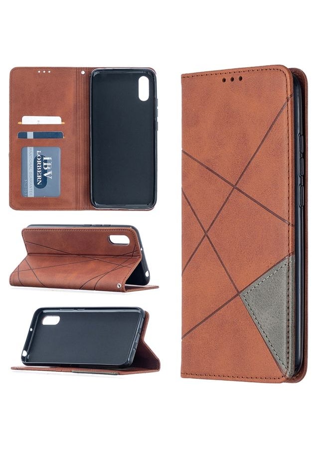 HuHa Case Cover For Xiaomi Redmi 9C Rhombus Texture Horizontal Flip Magnetic Leather Case with Holder & Card Slots Brown 