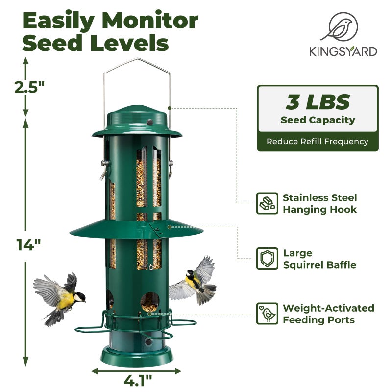 Kingsyard Squirrel Proof Bird Feeders with Weight-Activated Perches, Metal Wild Bird Feeder for Outdoors Hanging, 3 lb Large Seed Capacity, Green - Image 2