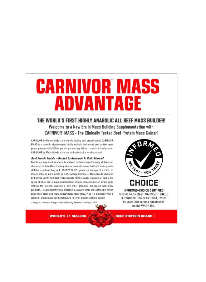 MUSCLEMEDS - Carnivor Mass Anabolic Beef Protein Gainer Strawberry Flavor 14 Servings. - Image 1
