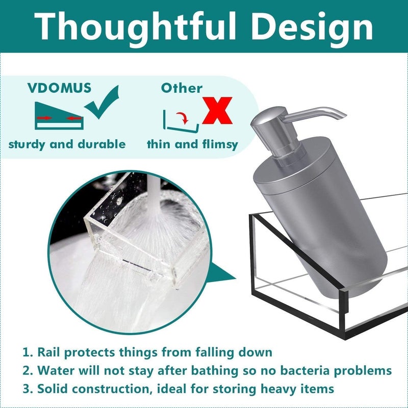 VDOMUS Acrylic Bathroom Shelves, Wall Mounted Non Drilling Thick Clear Storage & Display Shelvings, 2 Pack - Image 5