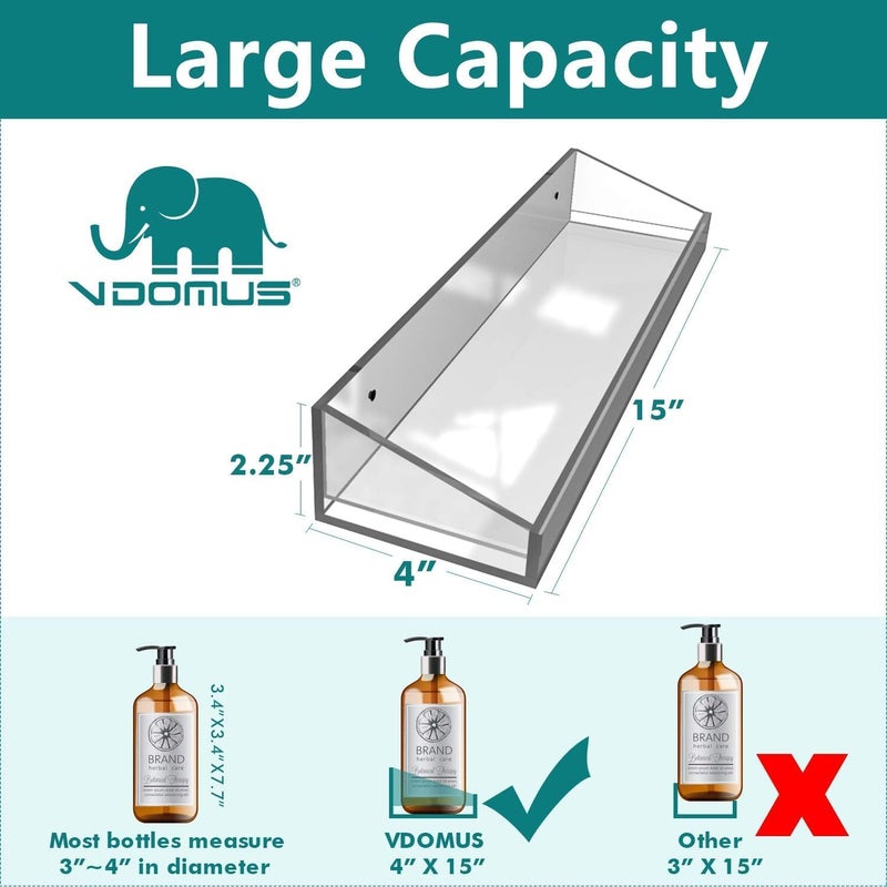 VDOMUS Acrylic Bathroom Shelves, Wall Mounted Non Drilling Thick Clear Storage & Display Shelvings, 2 Pack - Image 2